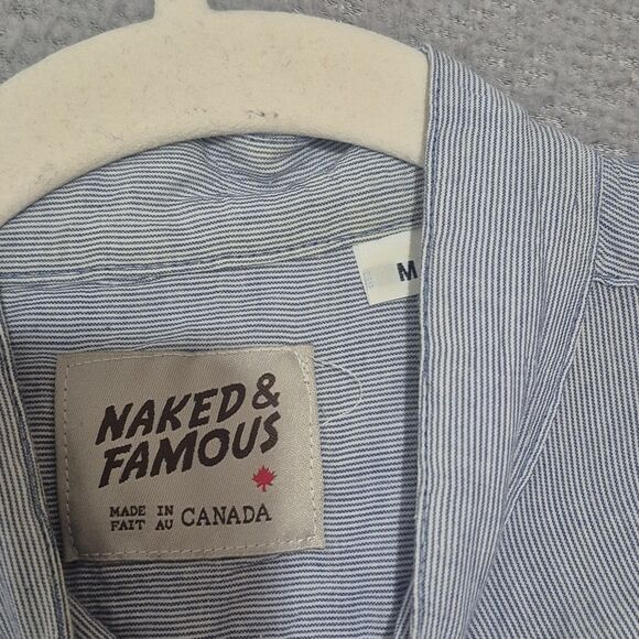 Naked & Famous Men's Cotton Mock Neck Crinkle Horizontal Stripes Shirt Medium - Picture 5 of 8